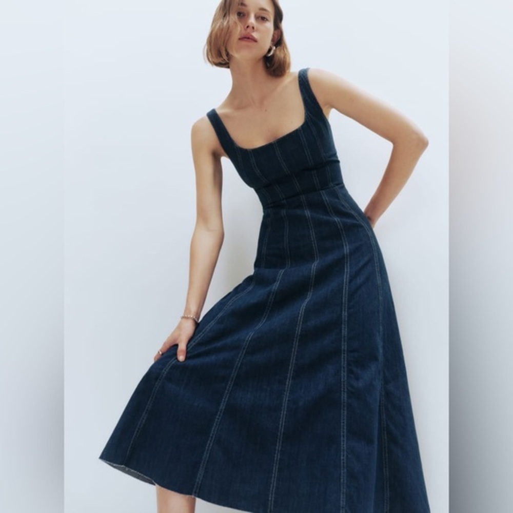 Reformation Dark Denim Blue Square-Neck Midi Dress
